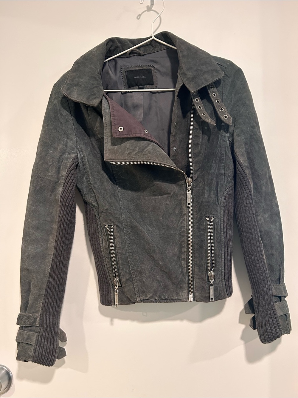 Vintage Vero Moda Charcoal Gray Real Leather Suede Moto Jacket with Knit